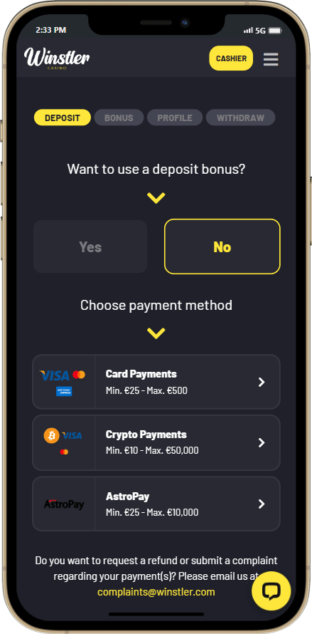 Payment methods that are available at Winstler casino