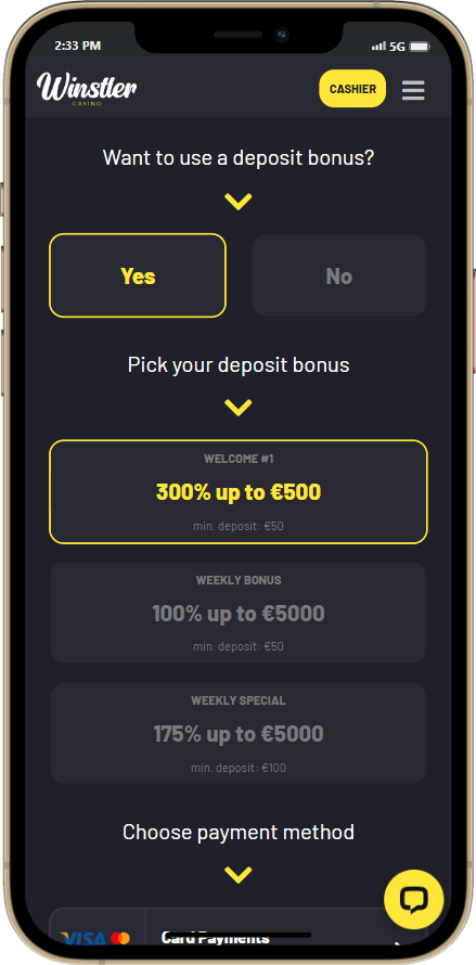 Bonus selection prior making any deposit at Winstler casino