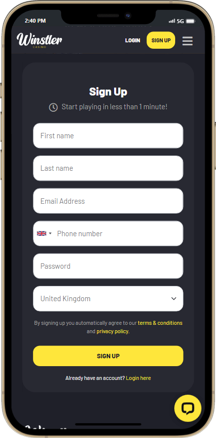Winstler casino registration form from a mobile device