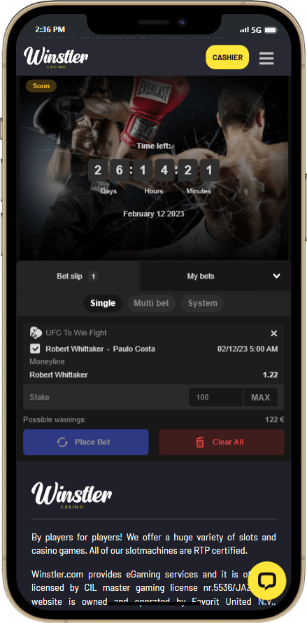 How to place a bet at Winstler sports betting the picture shows a bet on UFC fight