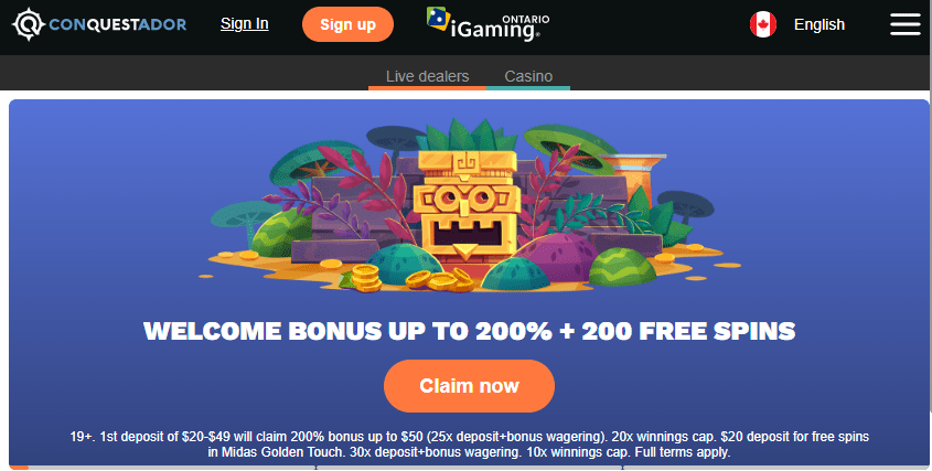 Conquestador casino online with great welcome bonus for Canada, Newzealand and many other coutnries