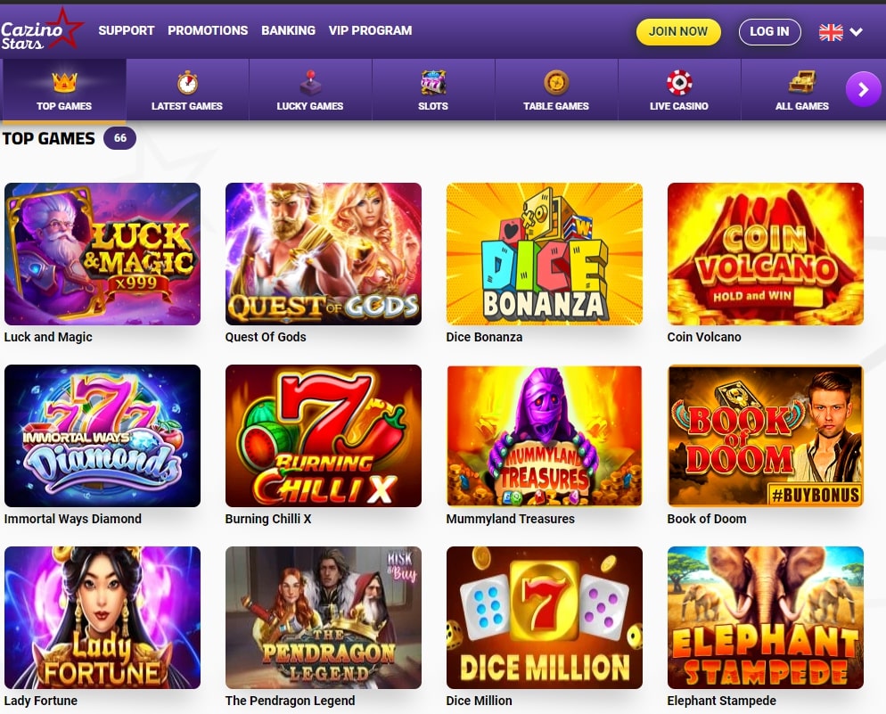 Cazinostars main slot games