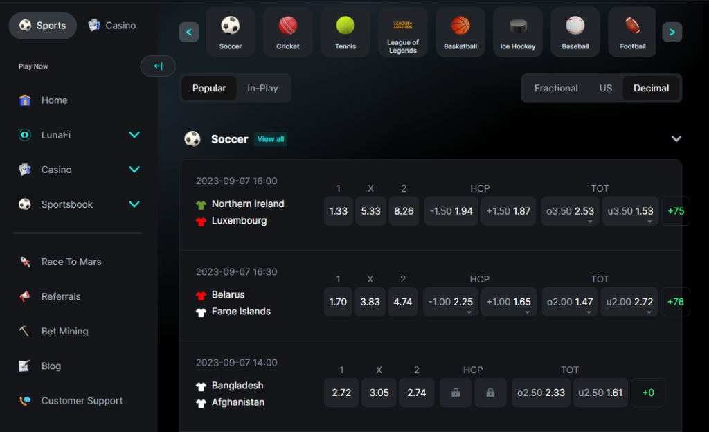Housebets sports betting page