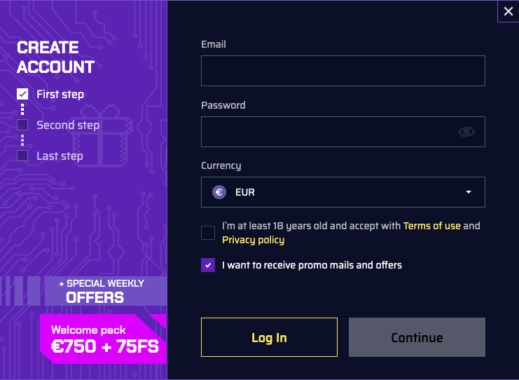 Justbit registratie scherm