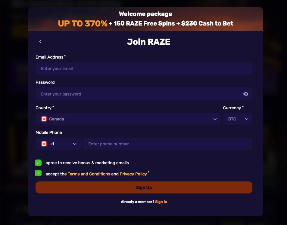 Raze casino registration form