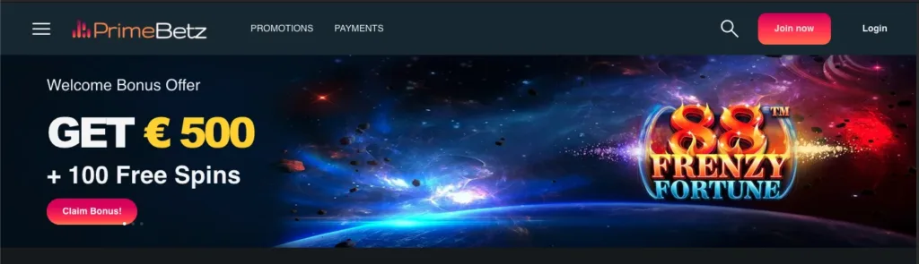 Primebetz homepage of the website